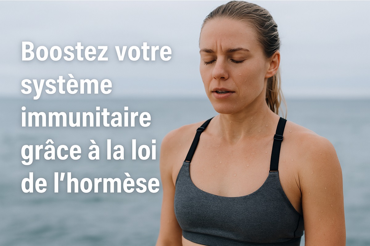 Femme sportive mouillée après un bain de mer, les yeux fermés, illustrant la loi de l’hormèse pour renforcer le système immunitaire, avec un texte en français en surimpression "Boostez votre système immunitaire grâce à la loi de l’hormèse".